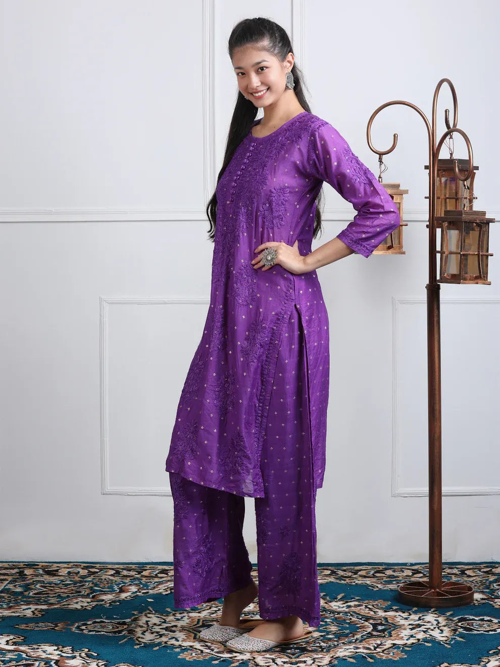 Chanderi Sild Handwork Chikankari Kurta & Plazzo Set