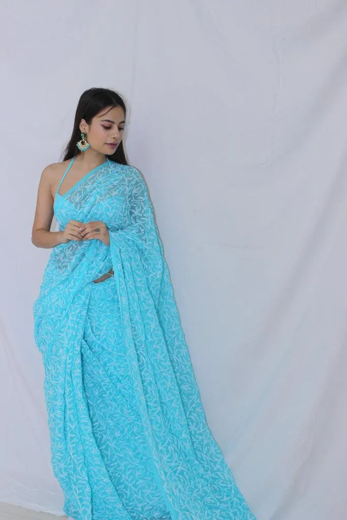 Georgette Chikankari Hand Embroidered Tepchi Saree