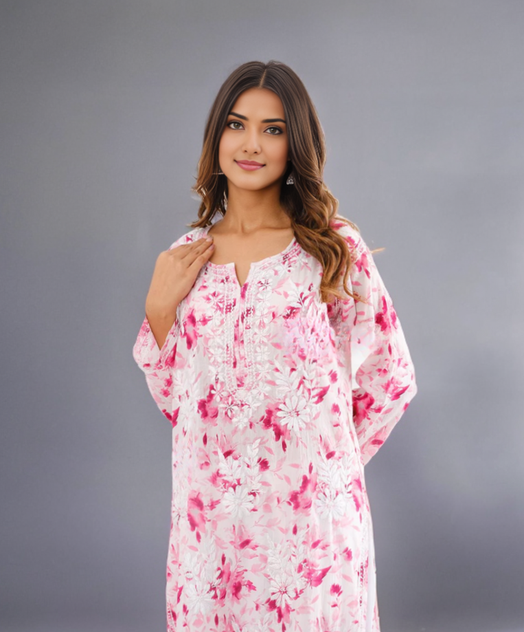 Kavya Printed Mul Cotton Kurti - Store Chikankari