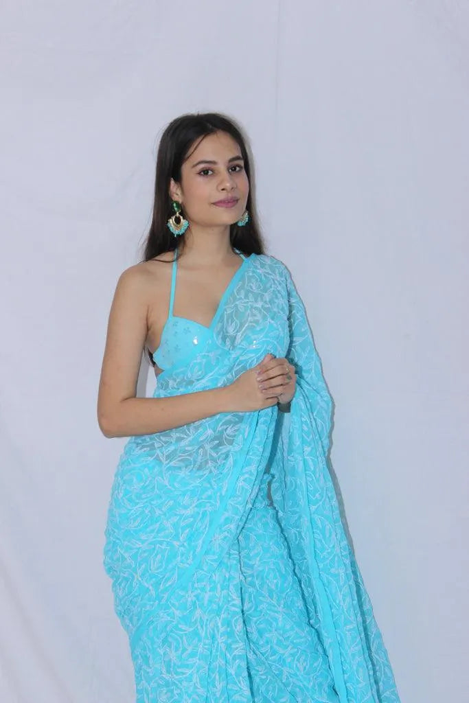 Georgette Chikankari Hand Embroidered Tepchi Saree
