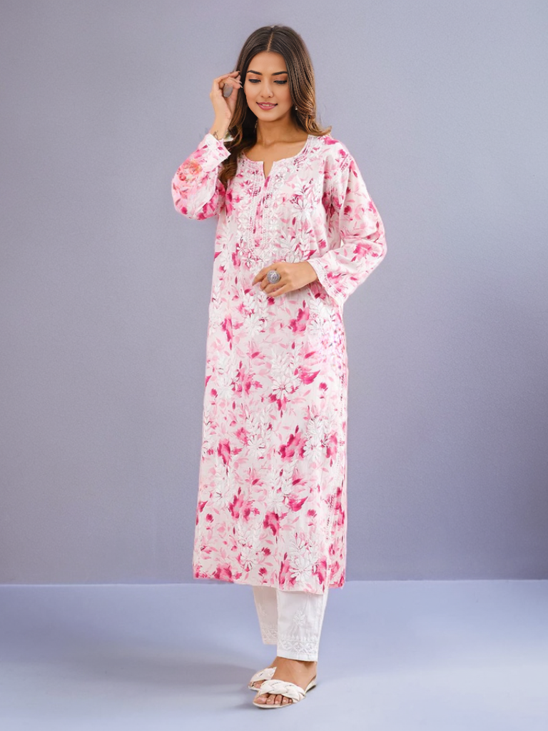 Kavya Printed Mul Cotton Kurti - Store Chikankari