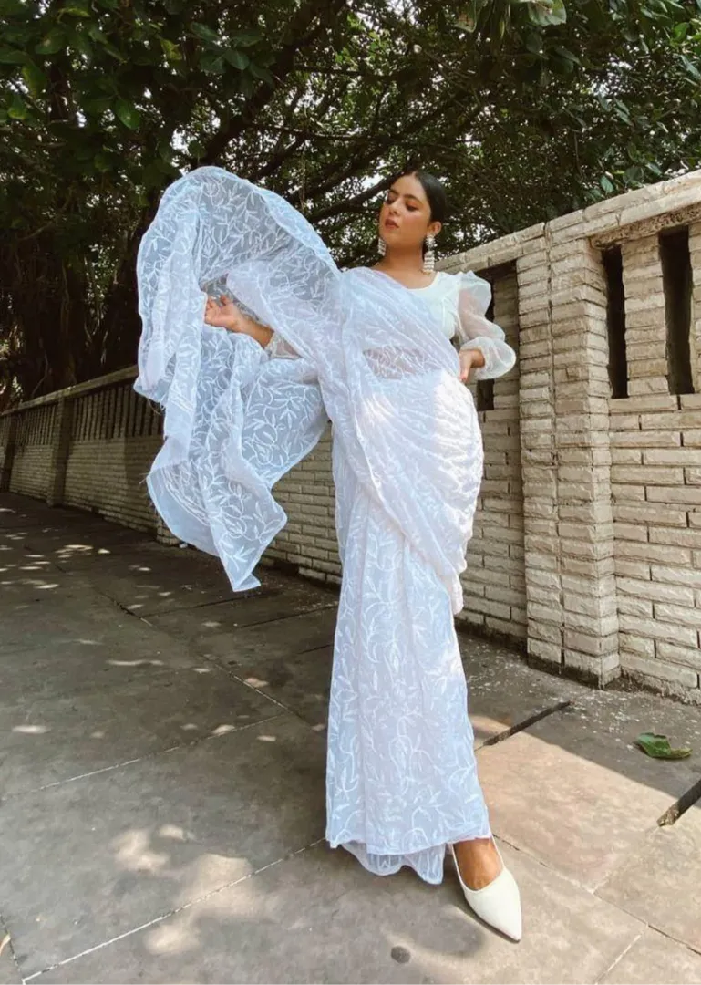 Georgette Chikankari Hand Embroidered Tepchi Saree