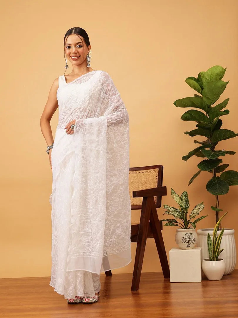 Georgette Chikankari Hand Embroidered Tepchi Saree