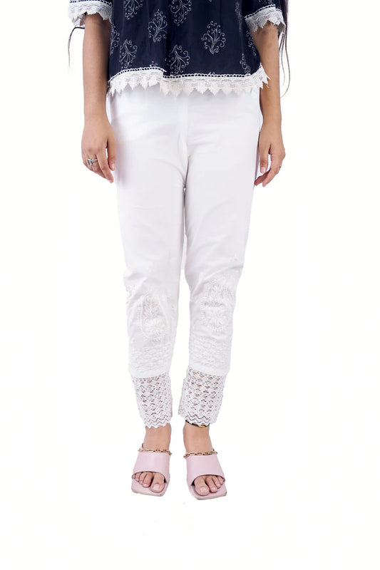 Chikankari Crochet Laced Trousers On Lycra Stretchable fabric With Both Side Pockets - Store Chikankari