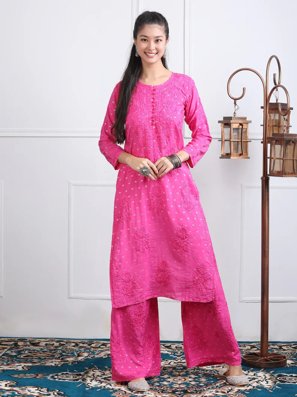 Chanderi Sild Handwork Chikankari Kurta & Plazzo Set