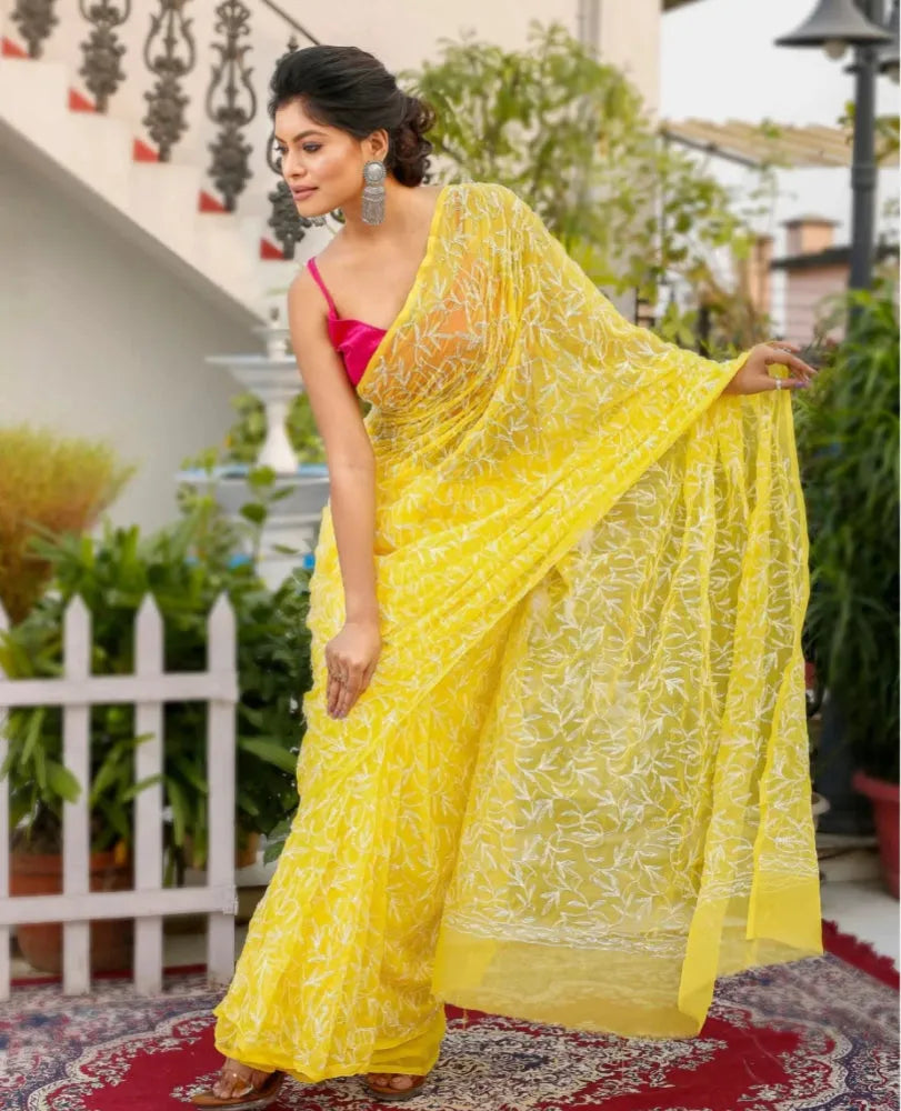 Georgette Chikankari Hand Embroidered Tepchi Saree