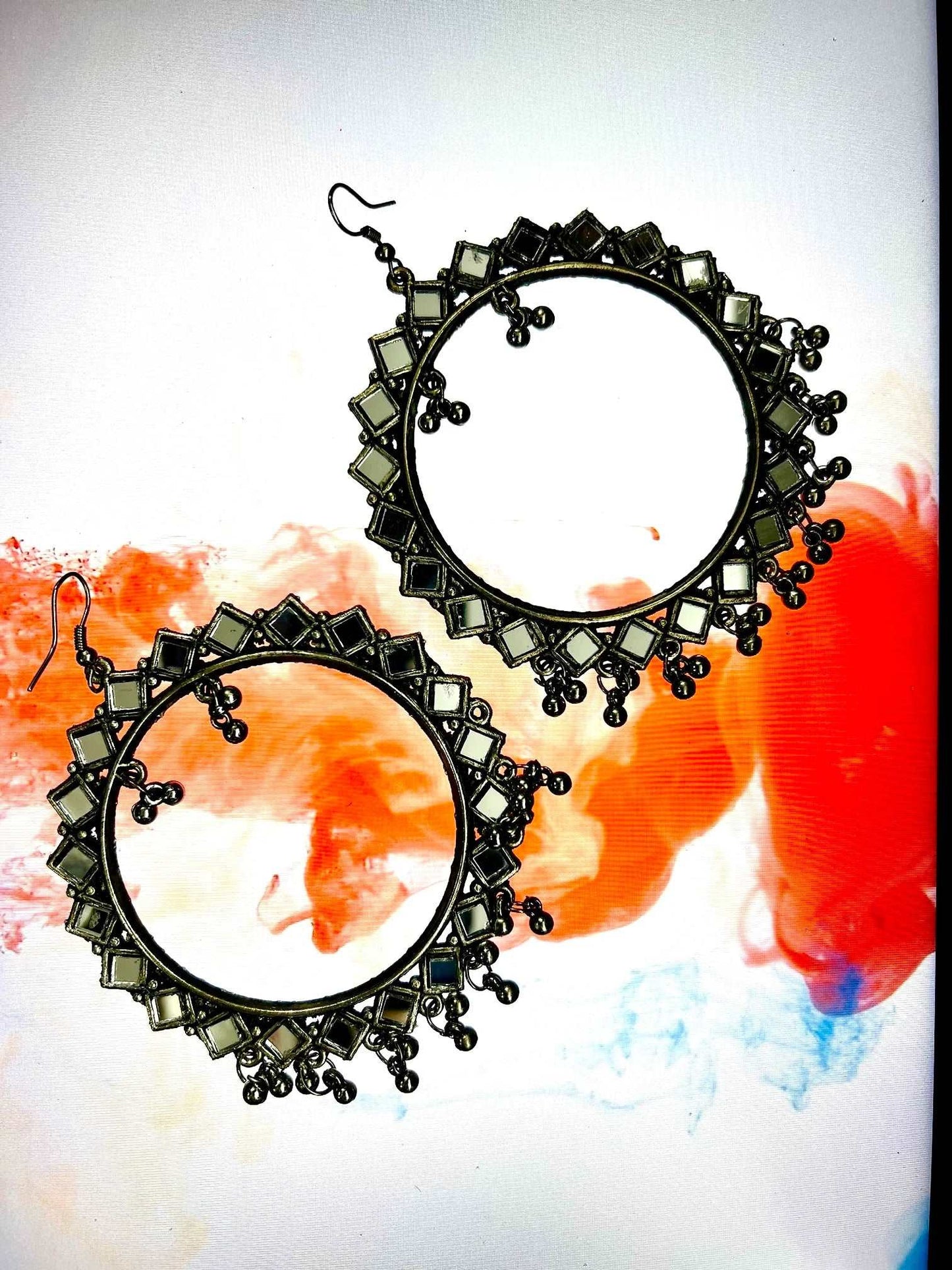 Silver-Colored Round Earrings with Mirror - Store Chikankari