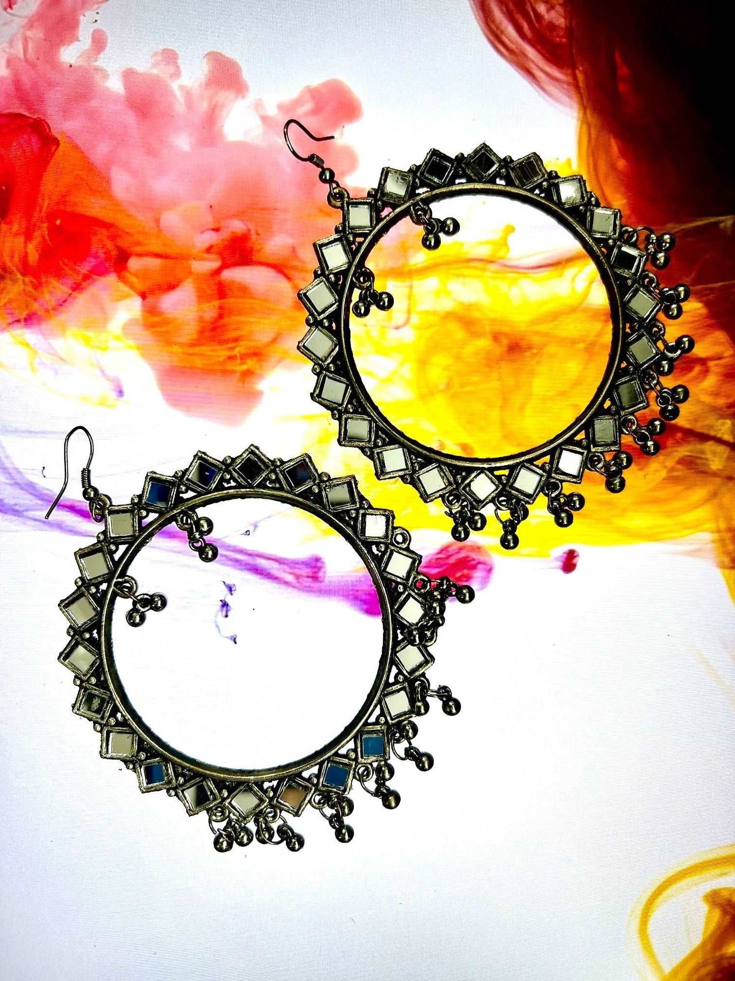 Silver-Colored Round Earrings with Mirror - Store Chikankari