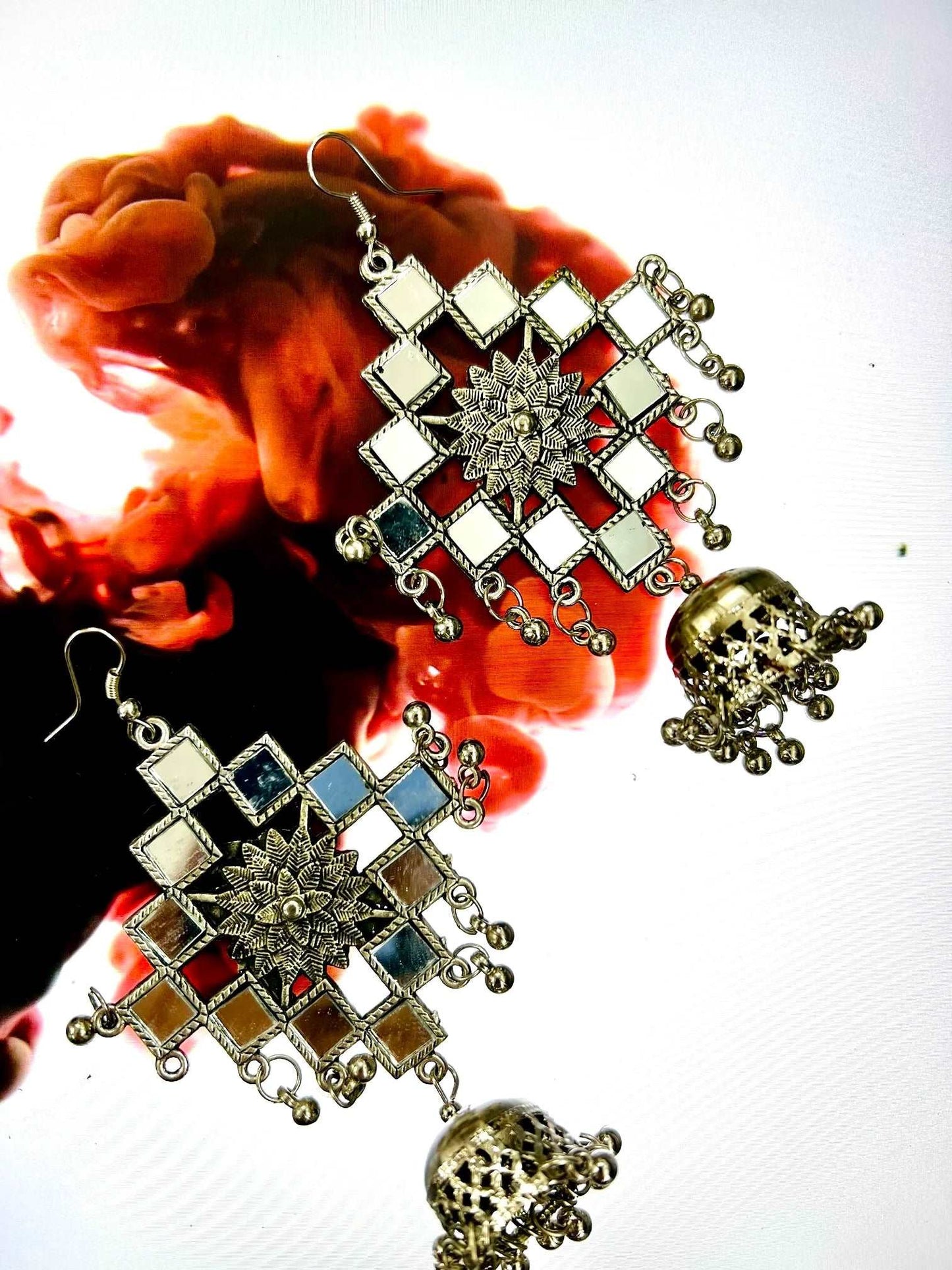 Oxidized Silver Mirror Jhumki Earrings Made Of Alloy Metal - Store Chikankari