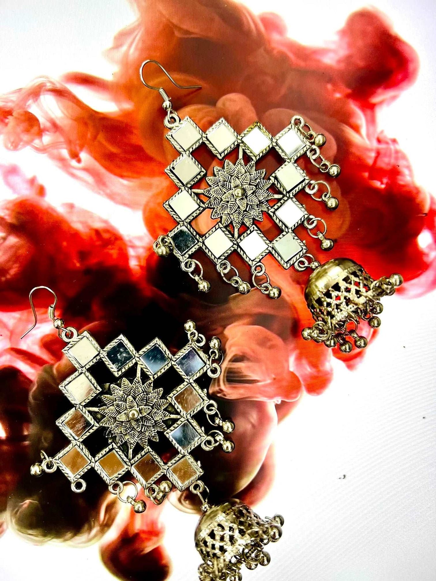 Oxidized Silver Mirror Jhumki Earrings Made Of Alloy Metal - Store Chikankari