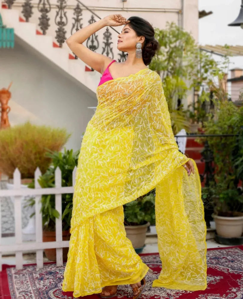 Georgette Chikankari Hand Embroidered Tepchi Saree