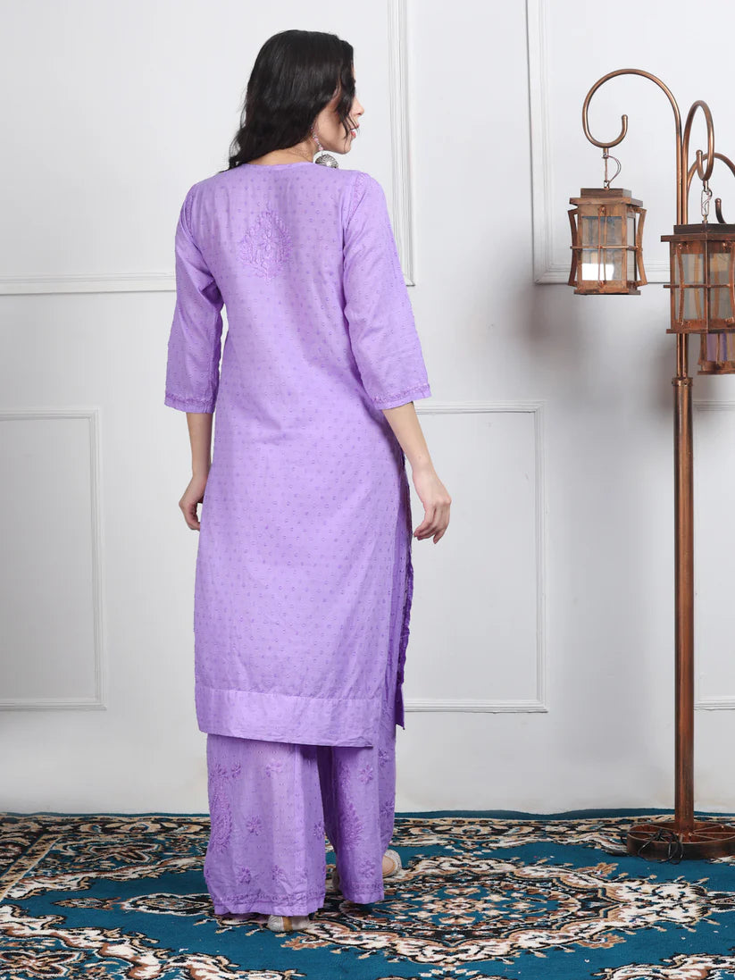 Dobby Cotton 3 piece Set Kurti, Dupatta & Plazzo - Store Chikankari