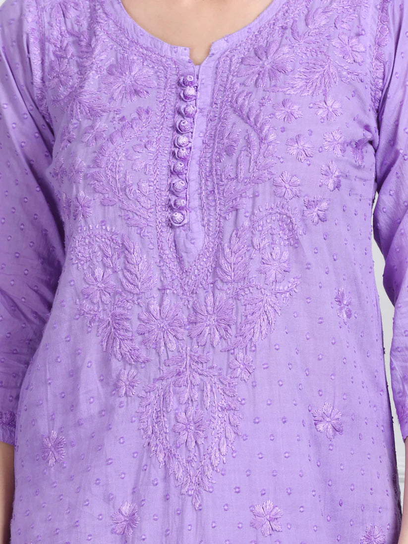 Dobby Cotton 3 piece Set Kurti, Dupatta & Plazzo - Store Chikankari