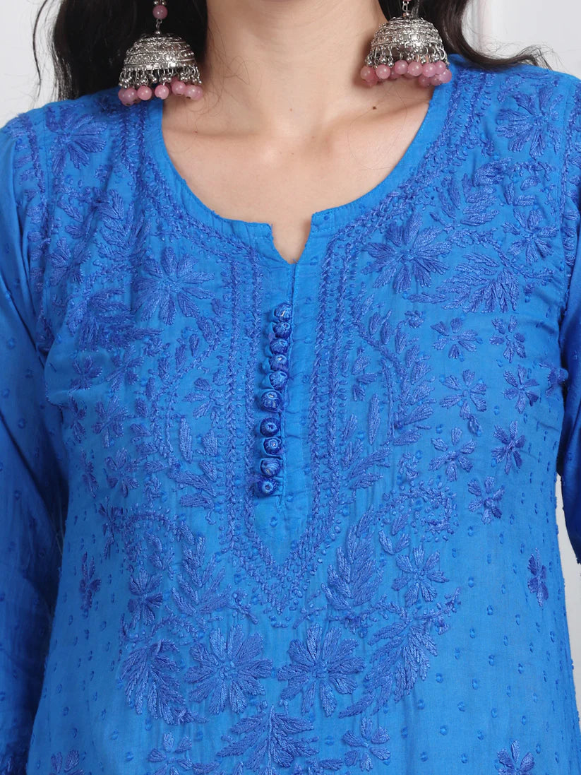 Dobby Cotton 3 piece Set Kurti, Dupatta & Plazzo - Store Chikankari