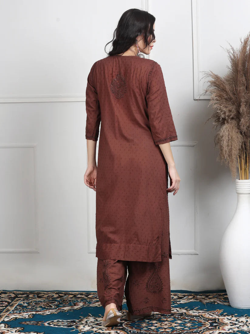 Dobby Cotton 3 piece Set Kurti, Dupatta & Plazzo
