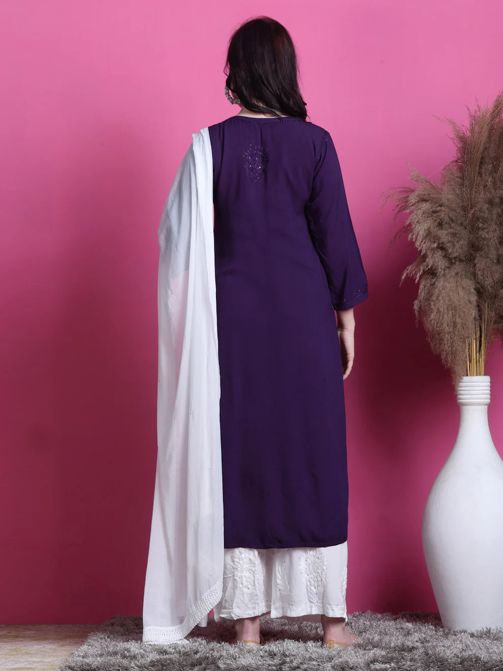 3D Chikankari work Ryon Mukaish Kurti - Store Chikankari