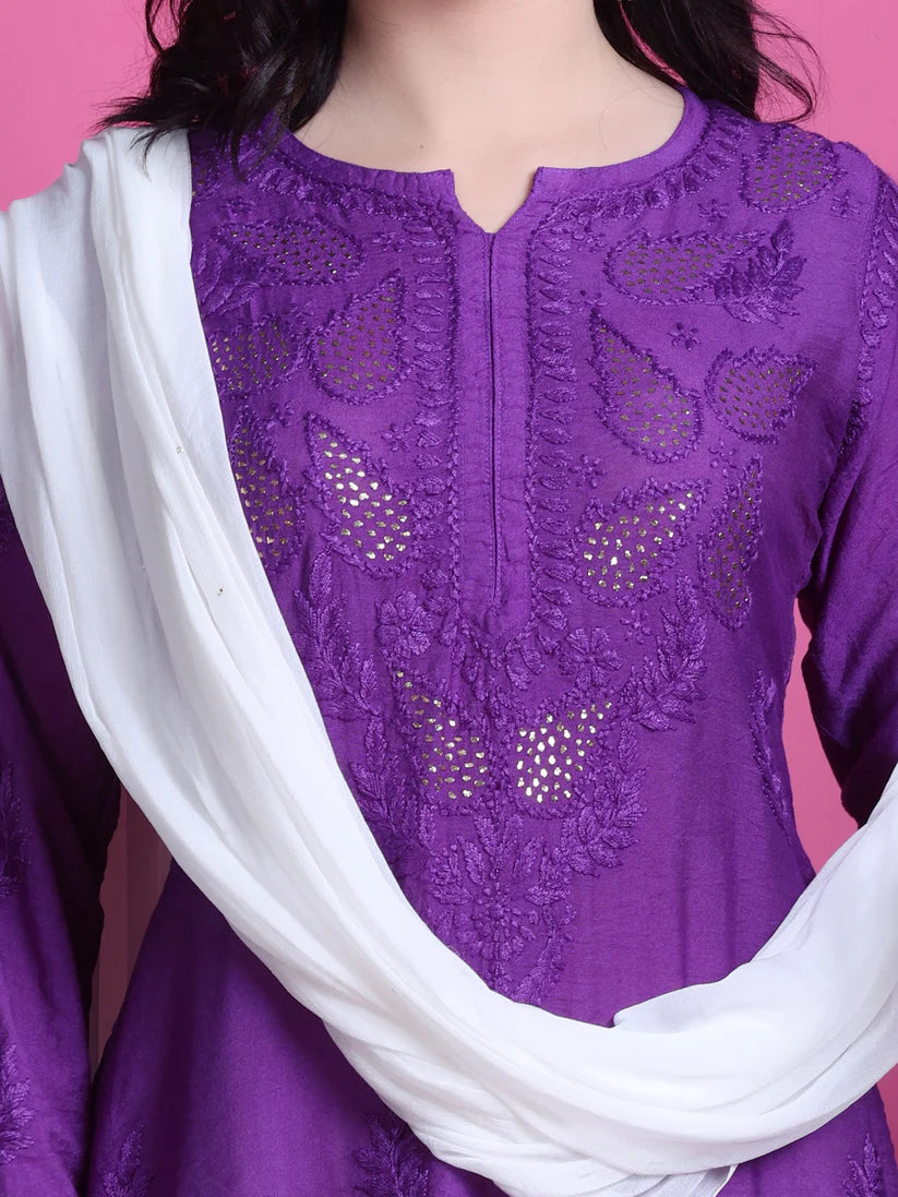 Chanderi Mukaish 3 Piece Set - Store Chikankari