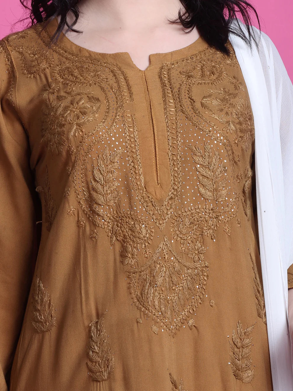 3D Chikankari work Ryon Mukaish Kurti - Store Chikankari