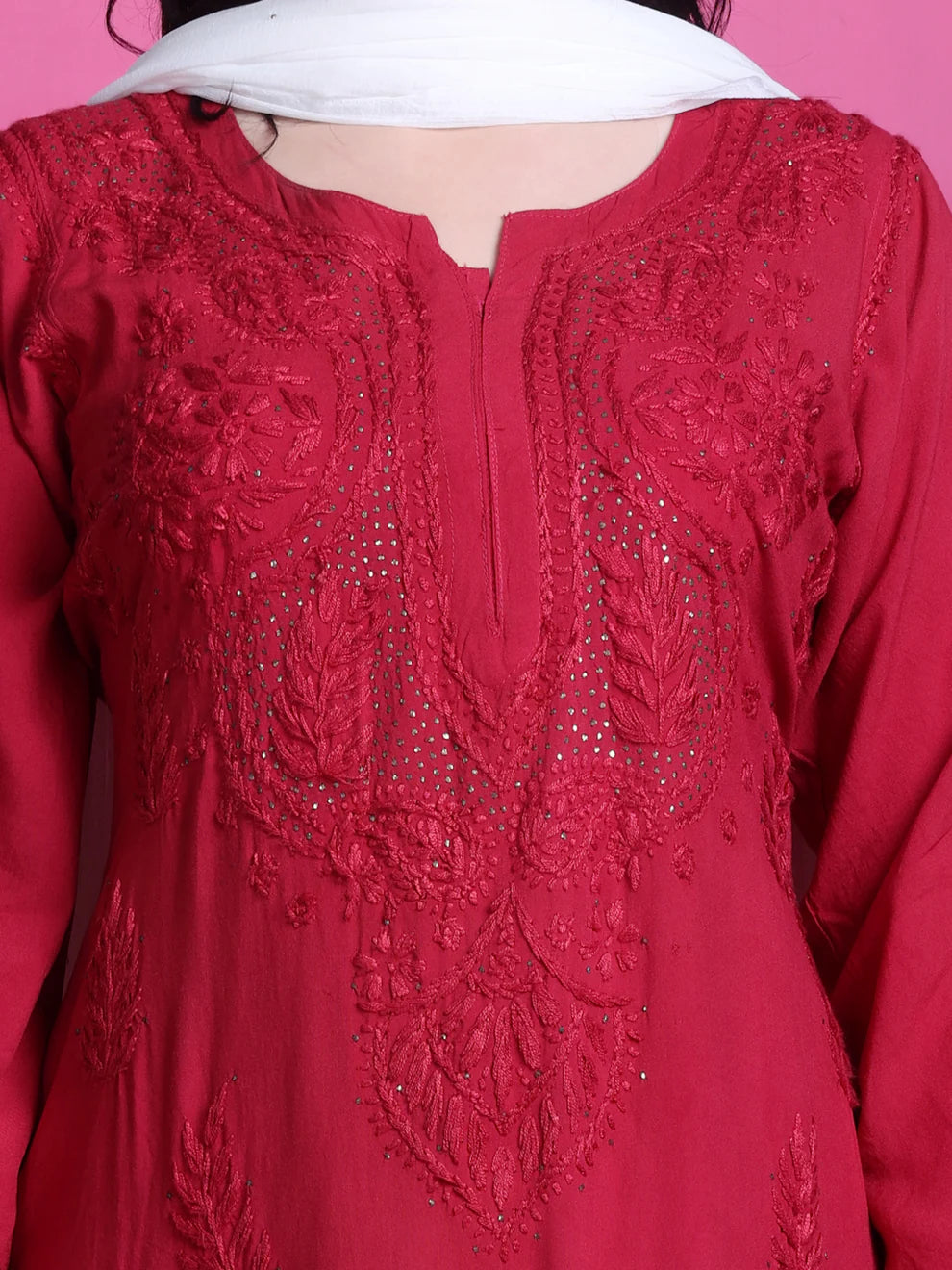 3D Chikankari work Ryon Mukaish Kurti - Store Chikankari