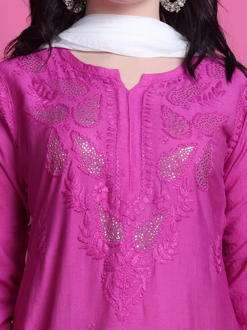 Chanderi Mukaish 3 Piece Set - Store Chikankari