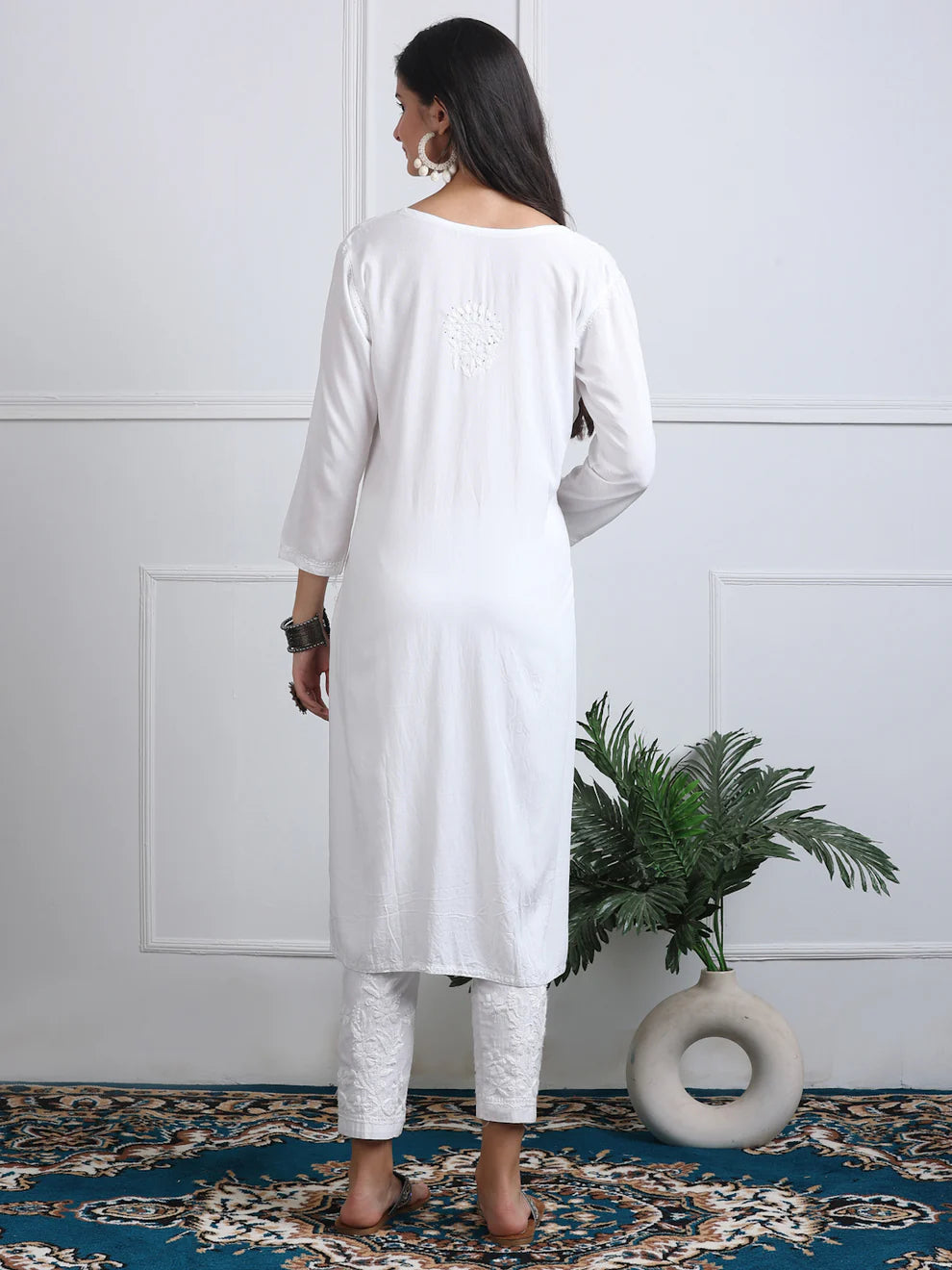 3D Chikankari work Ryon Mukaish Kurti - Store Chikankari