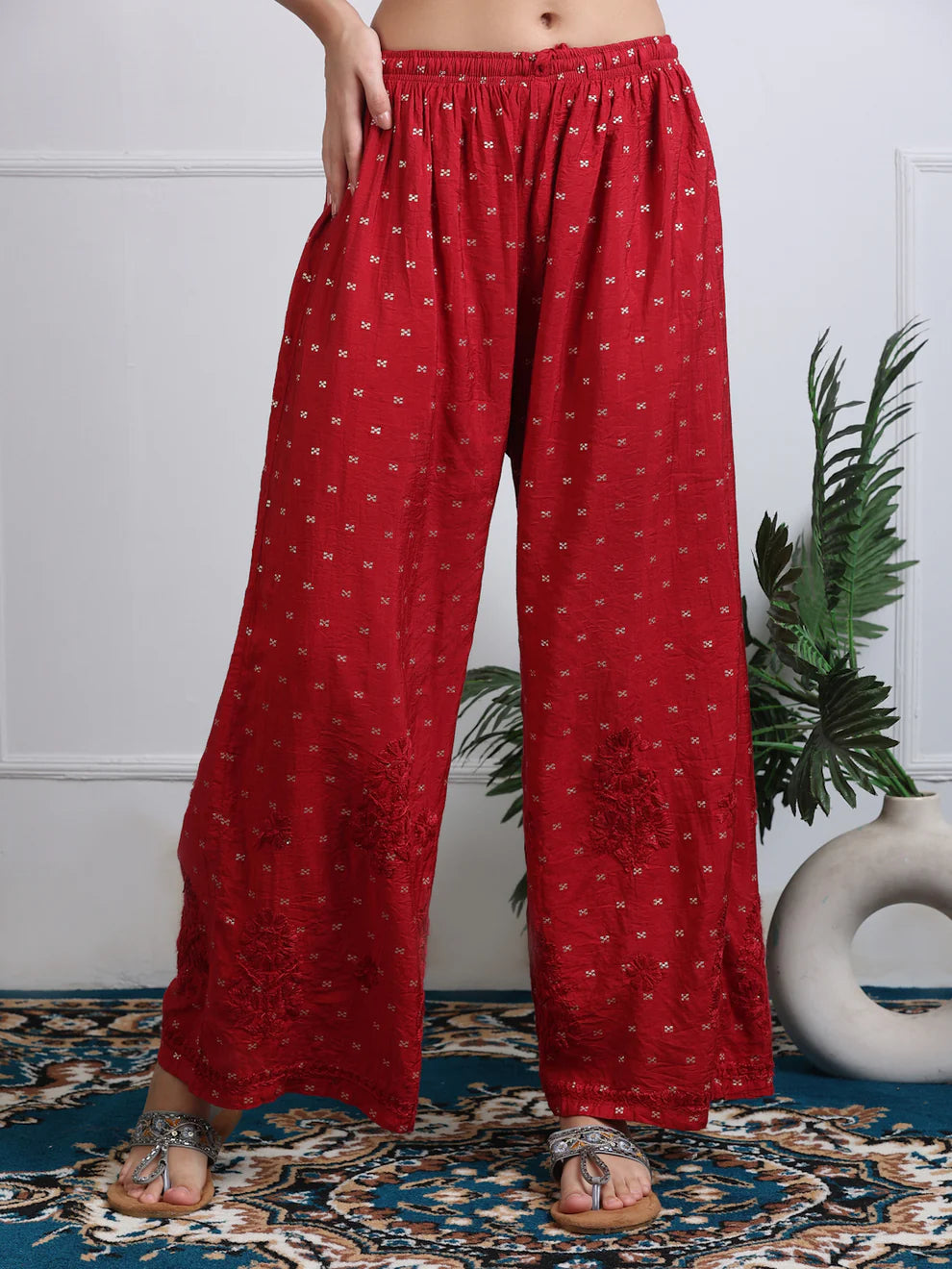 Chanderi Sild Handwork Chikankari Kurta & Plazzo Set