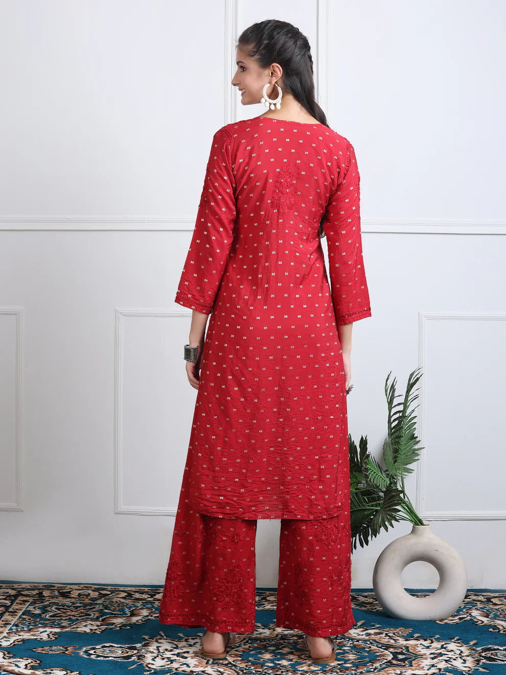 Chanderi Sild Handwork Chikankari Kurta & Plazzo Set