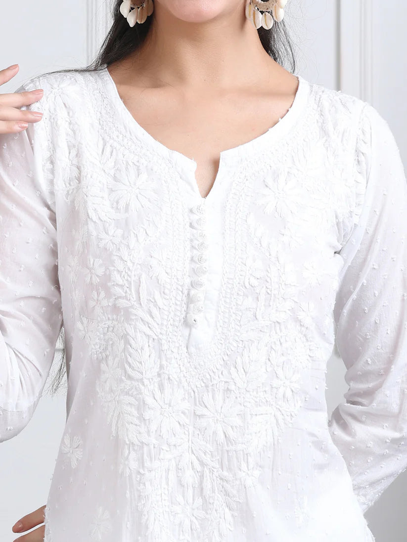 Dobby Cotton 3 piece Set Kurti, Dupatta & Plazzo - Store Chikankari