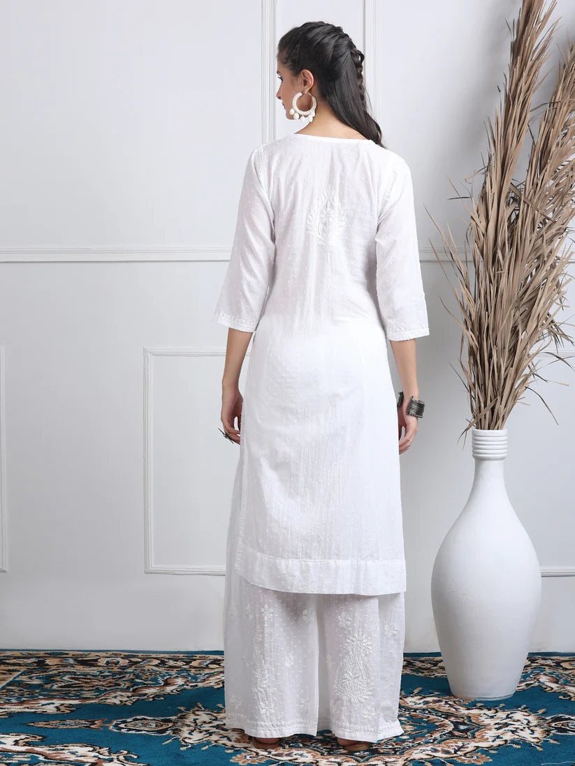 Dobby Cotton 3 piece Set Kurti, Dupatta & Plazzo - Store Chikankari