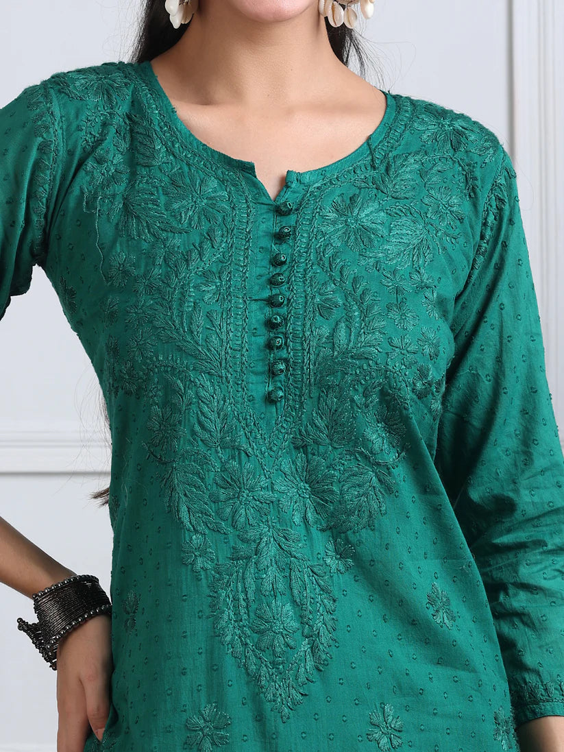 Dobby Cotton 3 piece Set Kurti, Dupatta & Plazzo - Store Chikankari