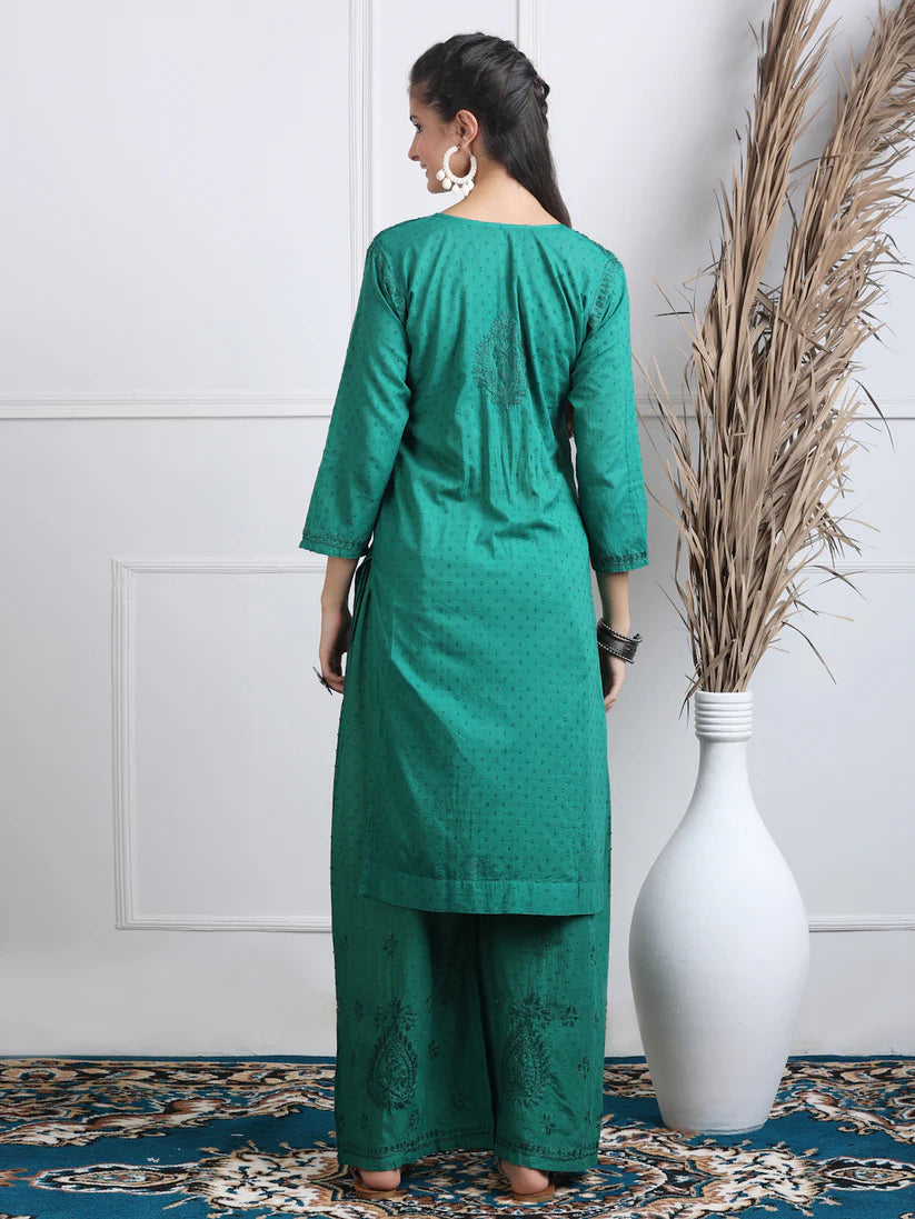 Dobby Cotton 3 piece Set Kurti, Dupatta & Plazzo - Store Chikankari