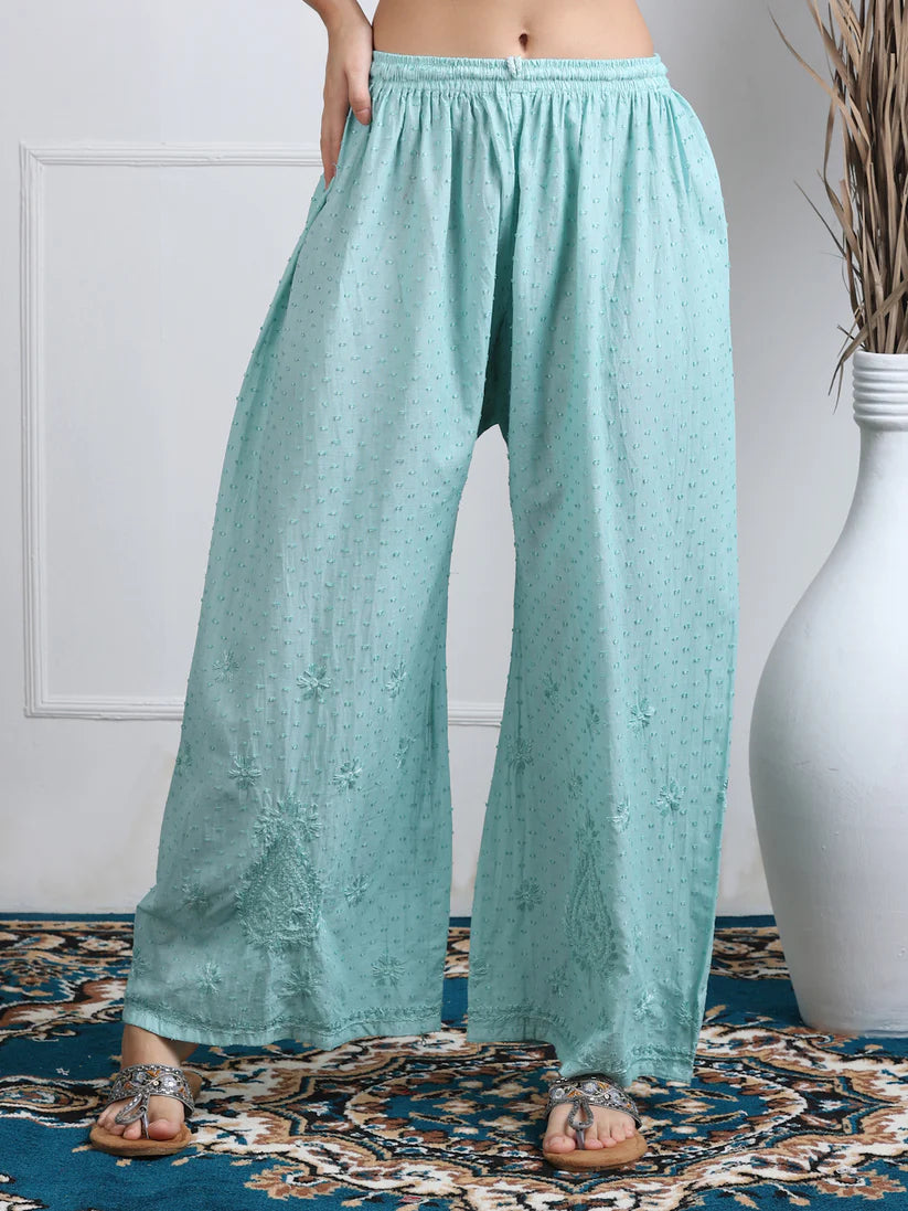 Dobby Cotton 3 piece Set Kurti, Dupatta & Plazzo - Store Chikankari