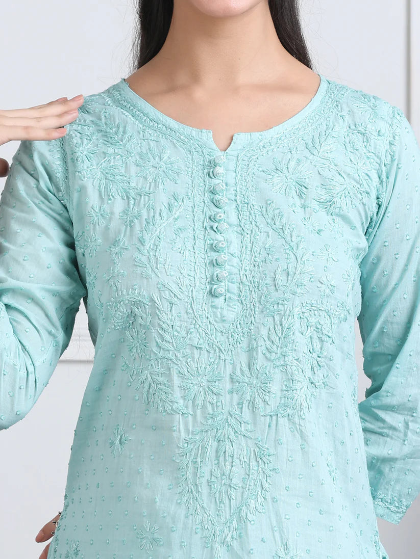 Dobby Cotton 3 piece Set Kurti, Dupatta & Plazzo - Store Chikankari