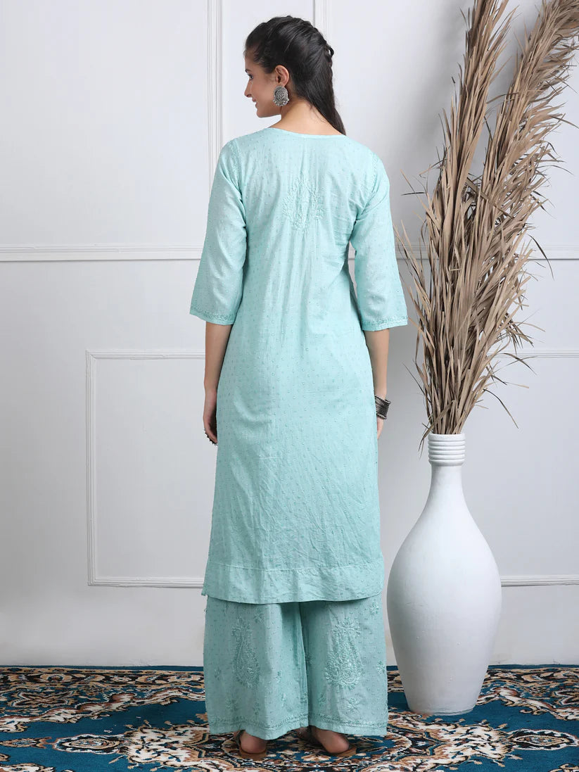 Dobby Cotton 3 piece Set Kurti, Dupatta & Plazzo - Store Chikankari