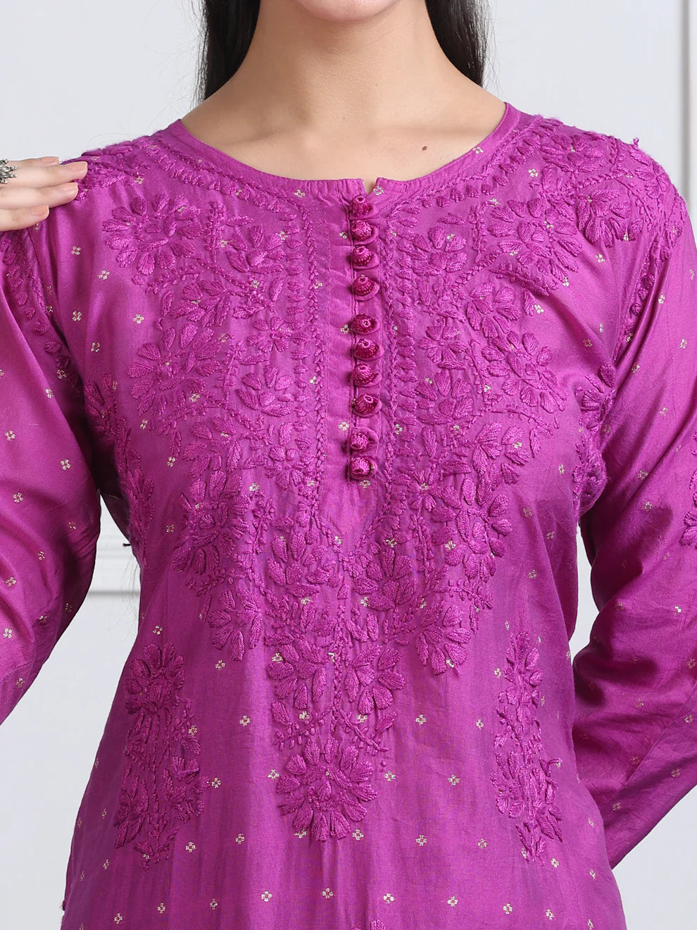 Chanderi Sild Handwork Chikankari Kurta & Plazzo Set