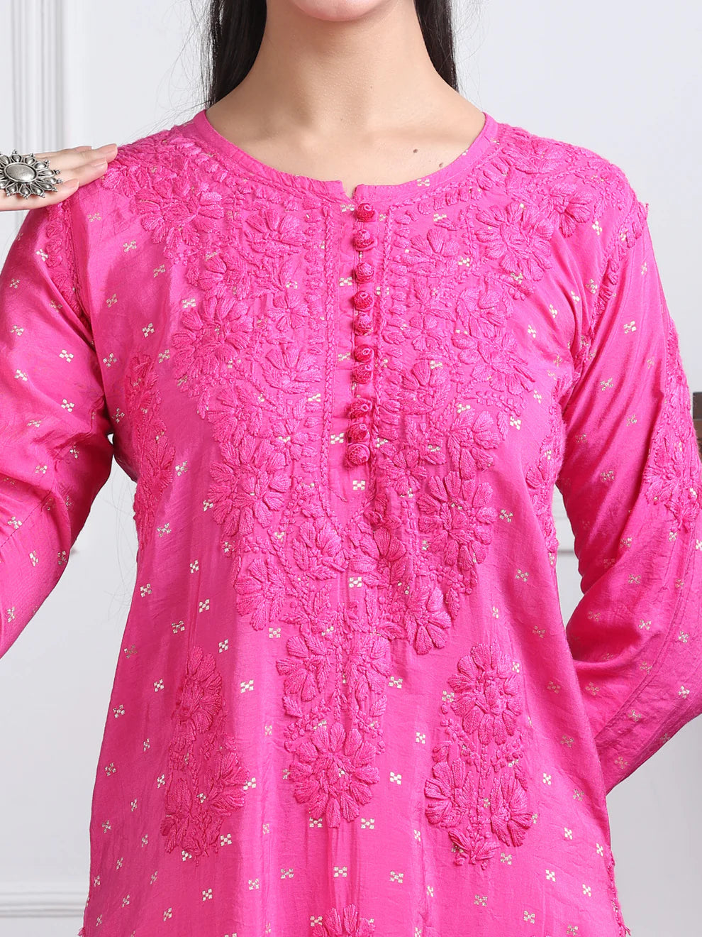 Chanderi Sild Handwork Chikankari Kurta & Plazzo Set