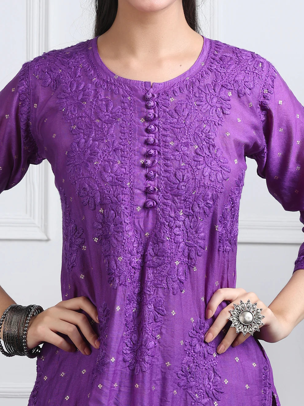 Chanderi Sild Handwork Chikankari Kurta & Plazzo Set