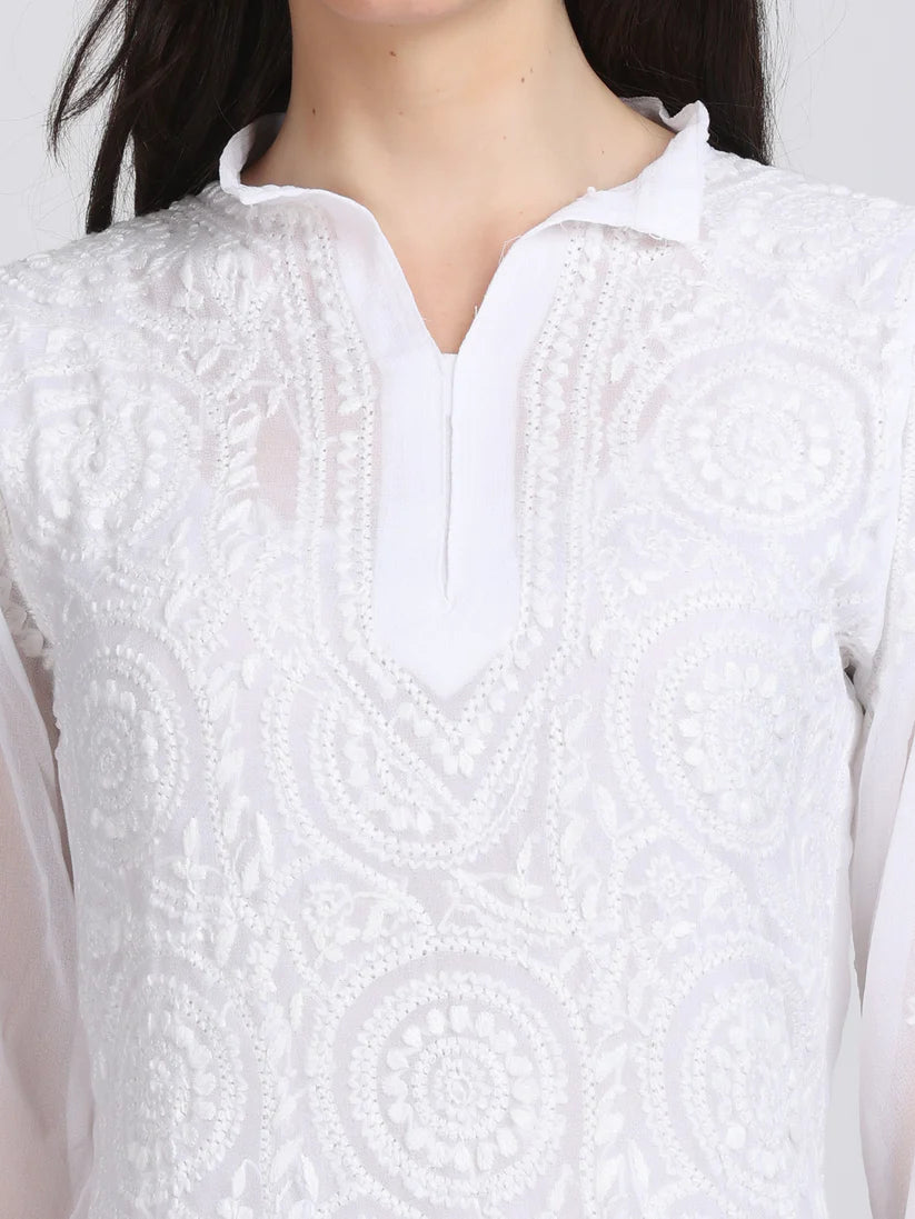 Ring Jaal Chikankari Straight Kurta wit Maching Stole & Inner