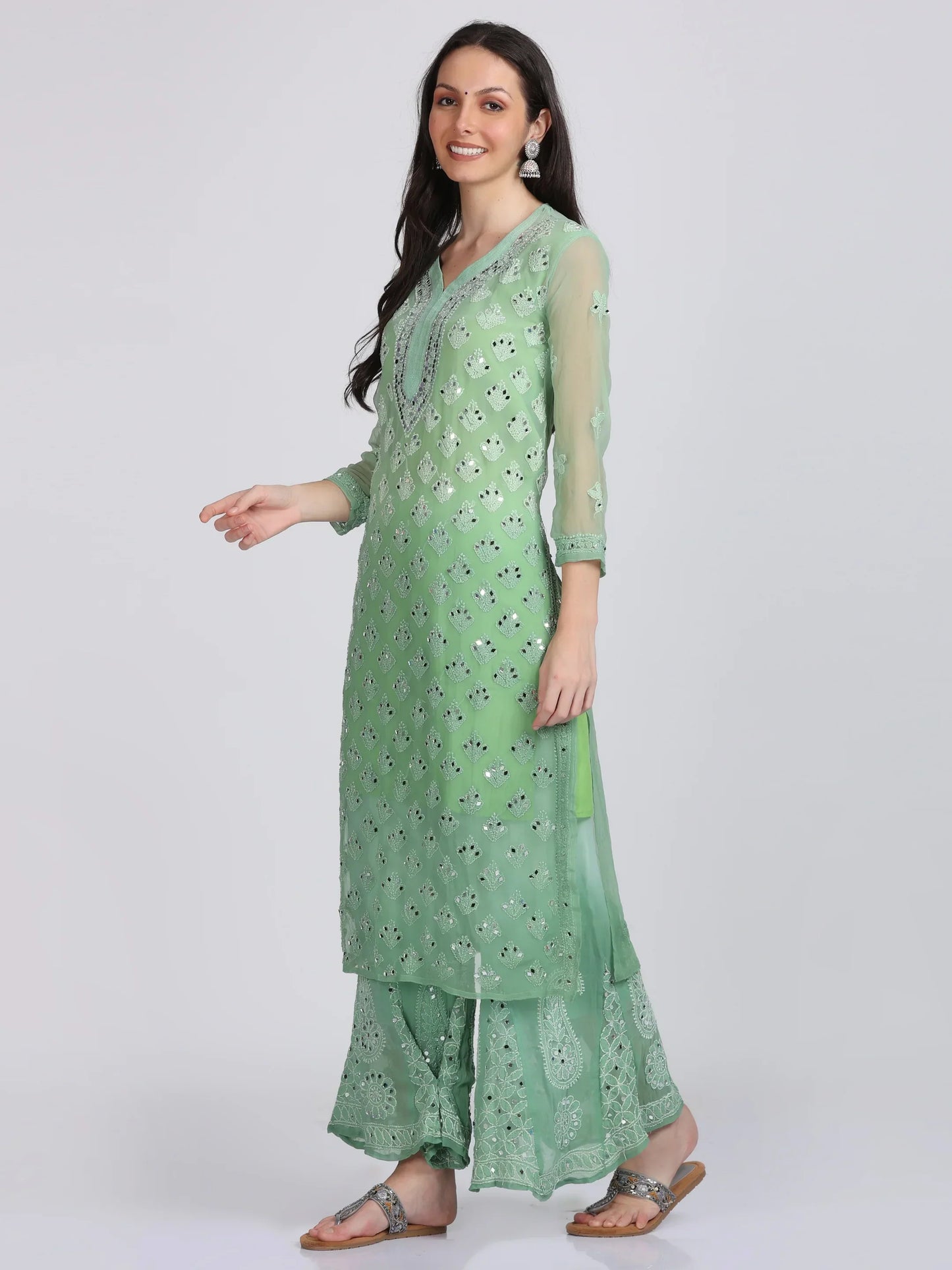 Ayna Georgette Chikankari 3 Piece Mirror Dyed Set with Coordinating Inner - Store Chikankari