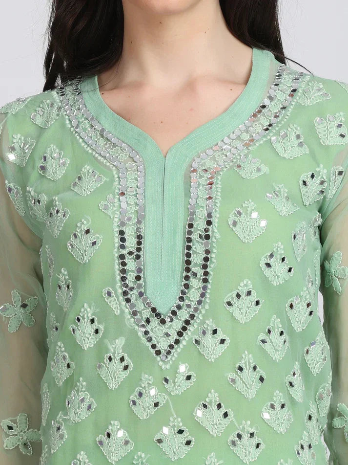 Ayna Georgette Chikankari 3 Piece Mirror Dyed Set with Coordinating Inner - Store Chikankari