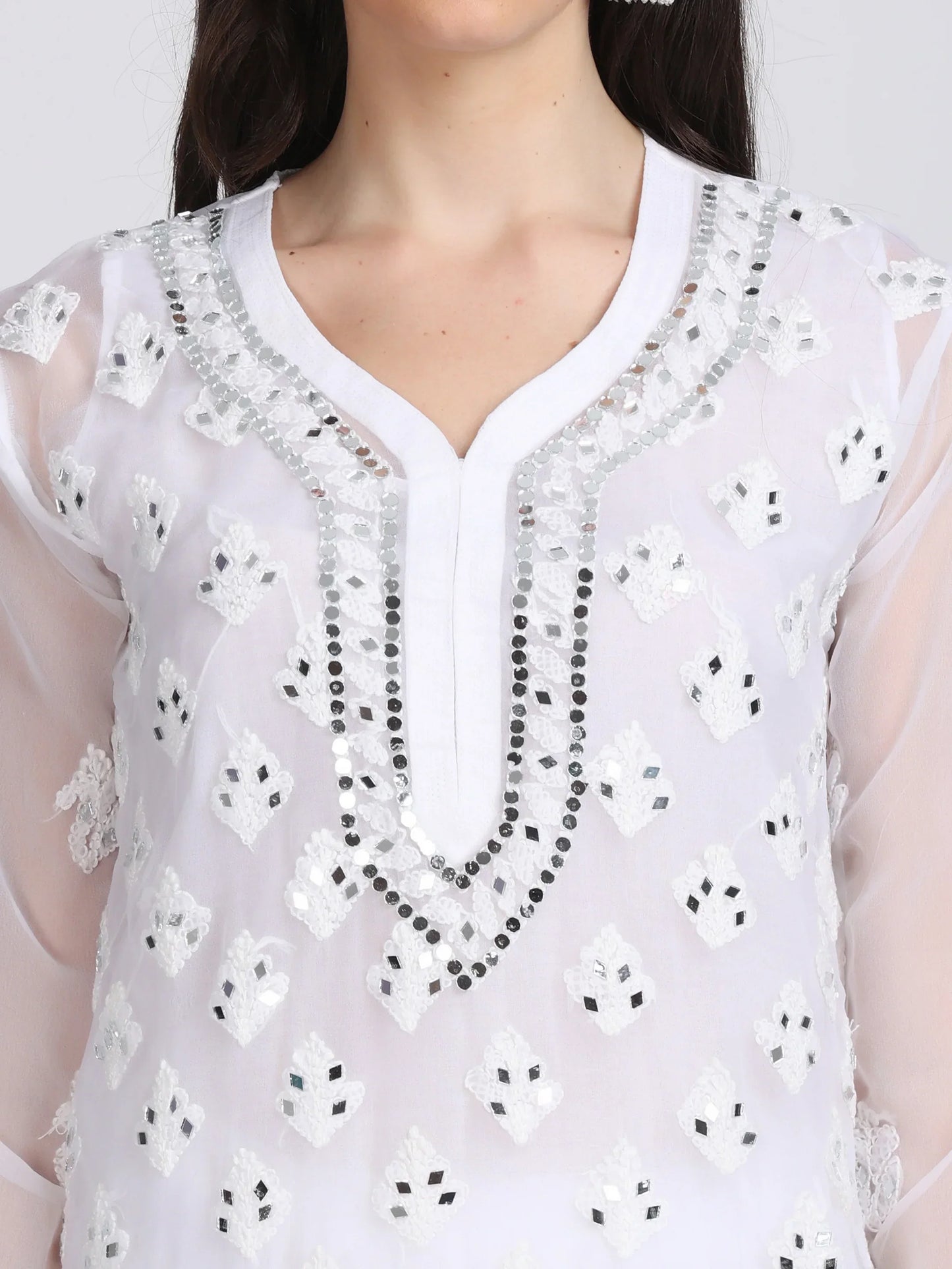 Ayna Georgette Chikankari 3 Piece Mirror Dyed Set with Coordinating Inner - Store Chikankari