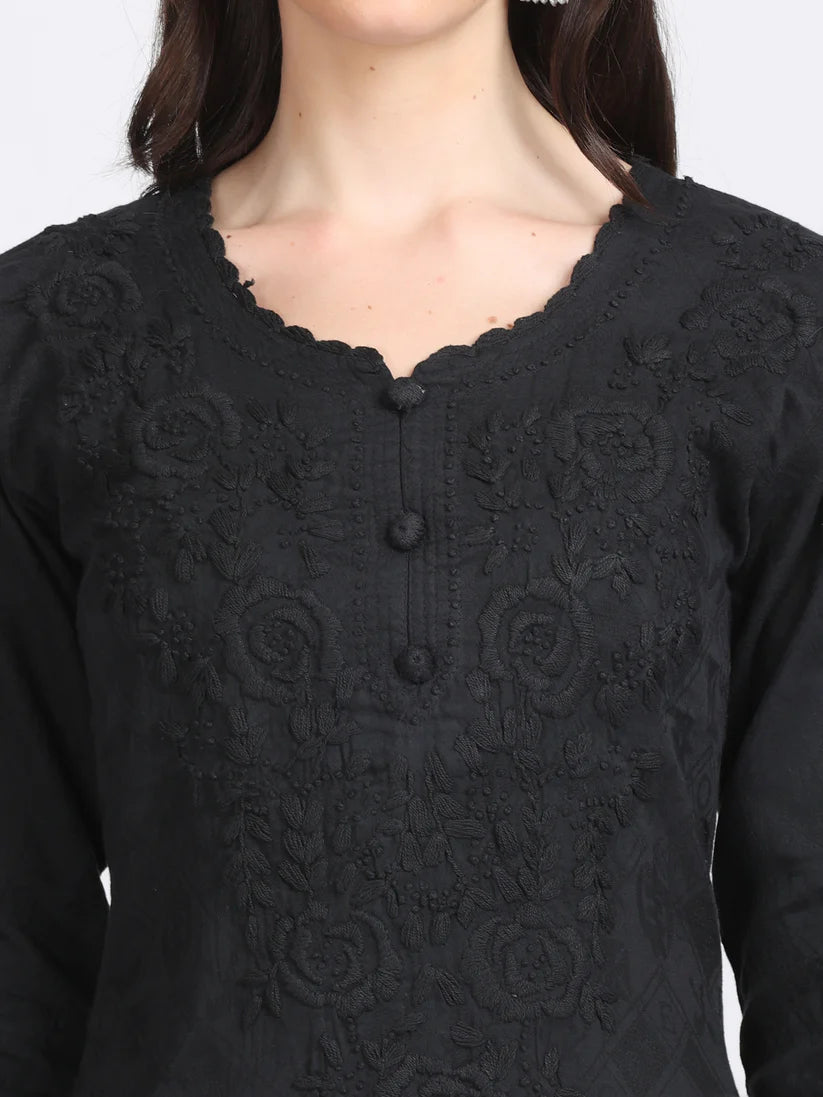 Chikankari Cotton Kurti with Crochet & Laced work - Store Chikankari
