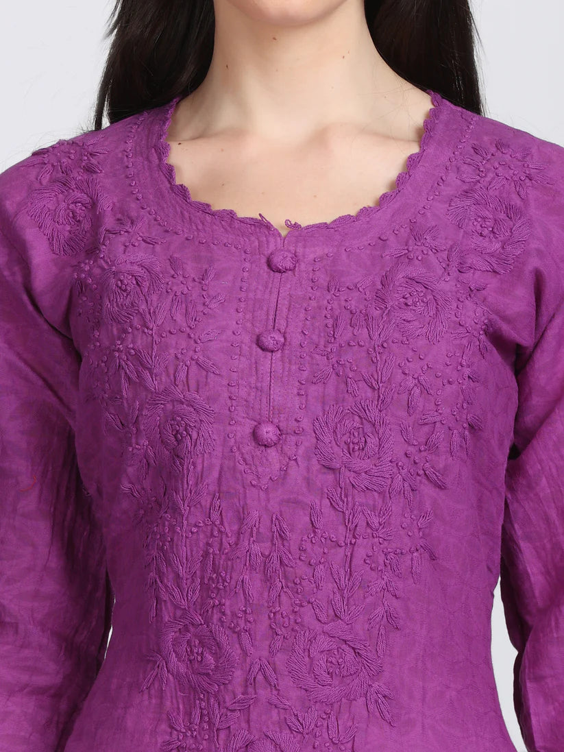 Chikankari Cotton Kurti with Crochet & Laced work - Store Chikankari