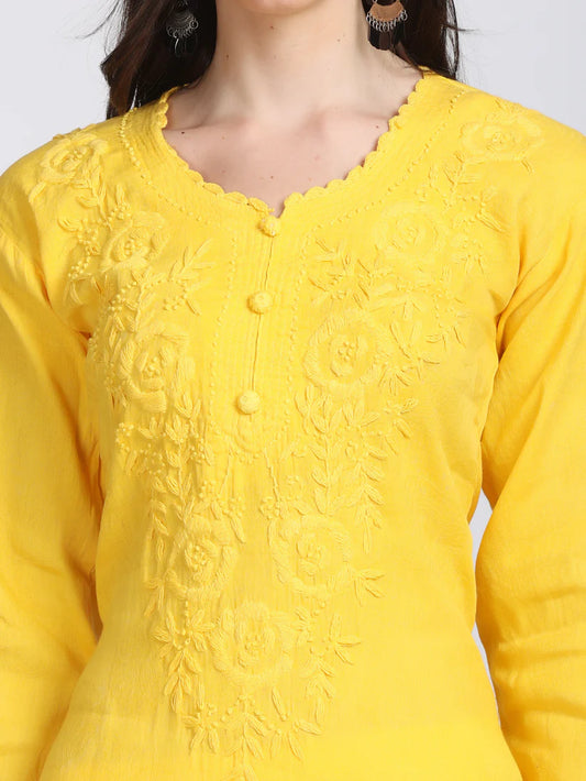 Chikankari Cotton Kurti with Crochet & Laced work - Store Chikankari