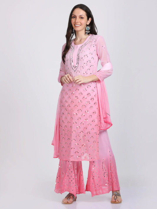 Ayna Georgette Chikankari 3 Piece Mirror Dyed Set with Coordinating Inner - Store Chikankari