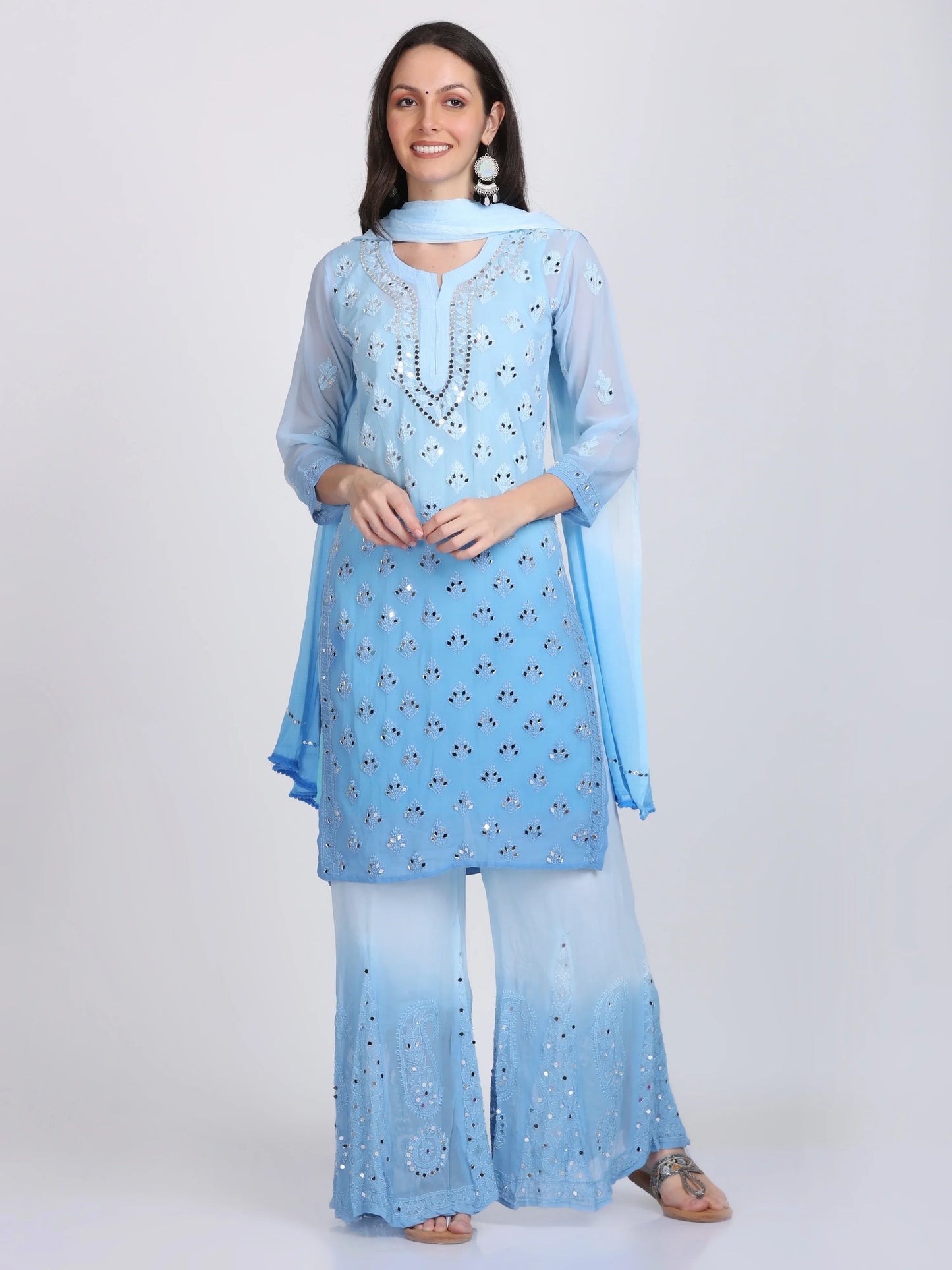 Ayna Georgette Chikankari 3 Piece Mirror Dyed Set with Coordinating Inner - Store Chikankari