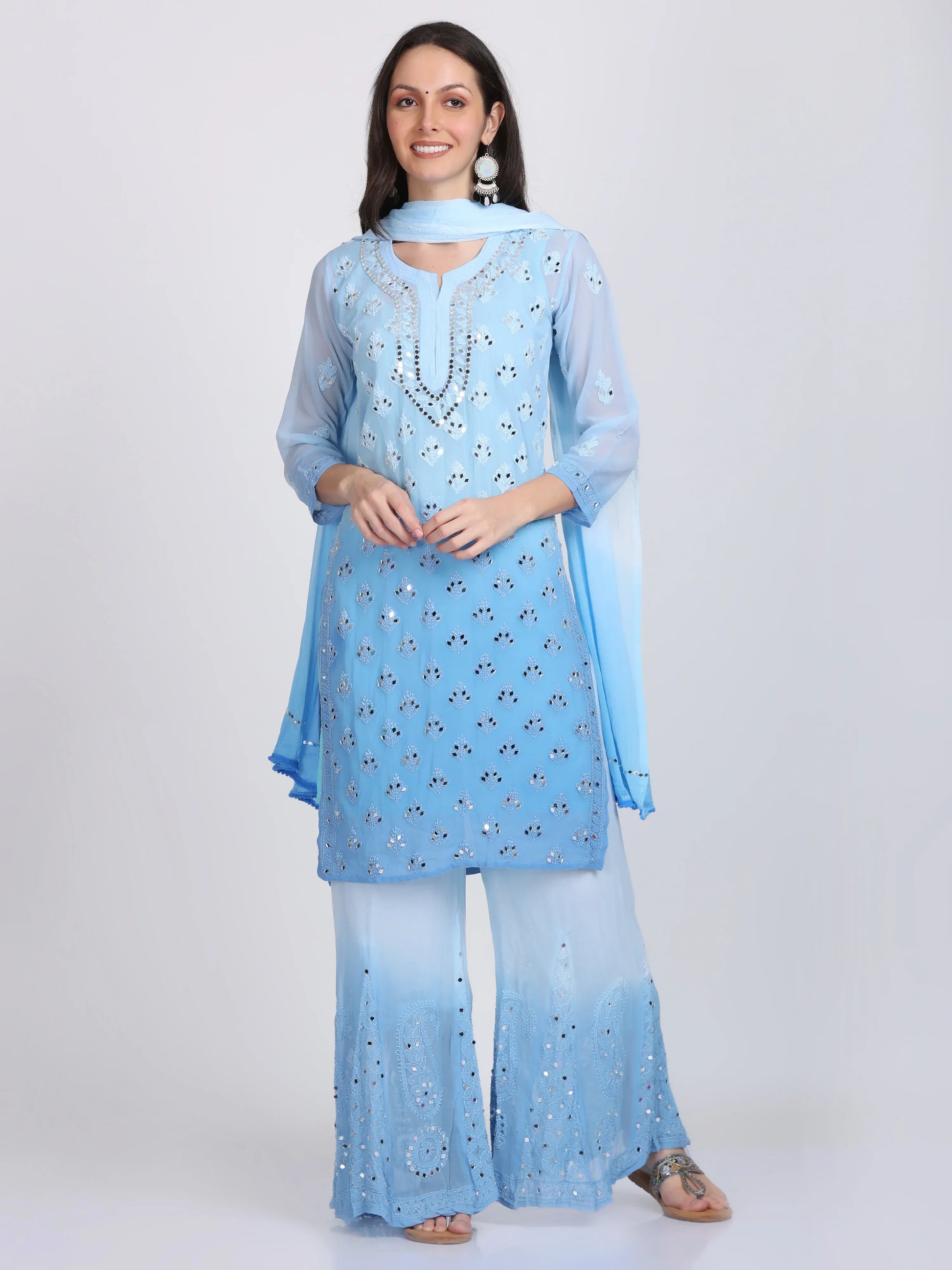 Ayna Georgette Chikankari 3 Piece Mirror Dyed Set with Coordinating Inner - Store Chikankari