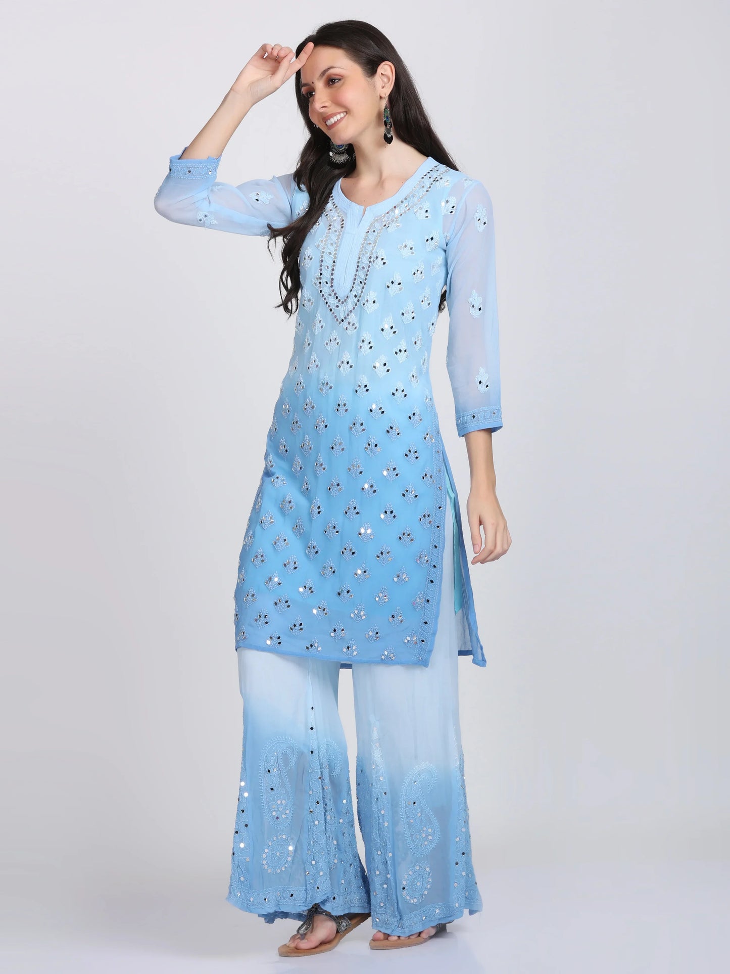 Ayna Georgette Chikankari 3 Piece Mirror Dyed Set with Coordinating Inner - Store Chikankari