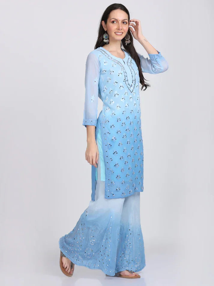 Ayna Georgette Chikankari 3 Piece Mirror Dyed Set with Coordinating Inner - Store Chikankari