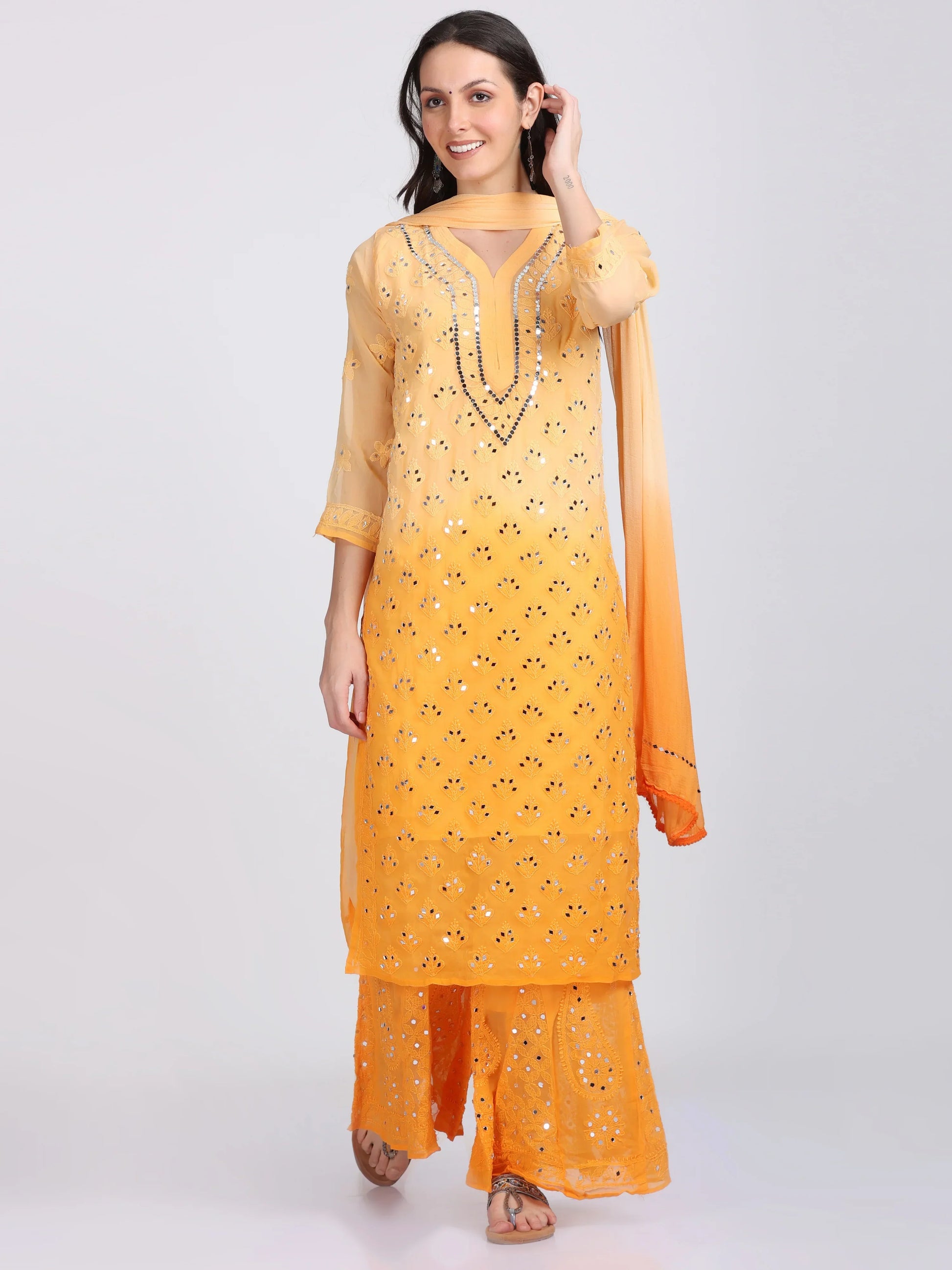 Ayna Georgette Chikankari 3 Piece Mirror Dyed Set with Coordinating Inner - Store Chikankari